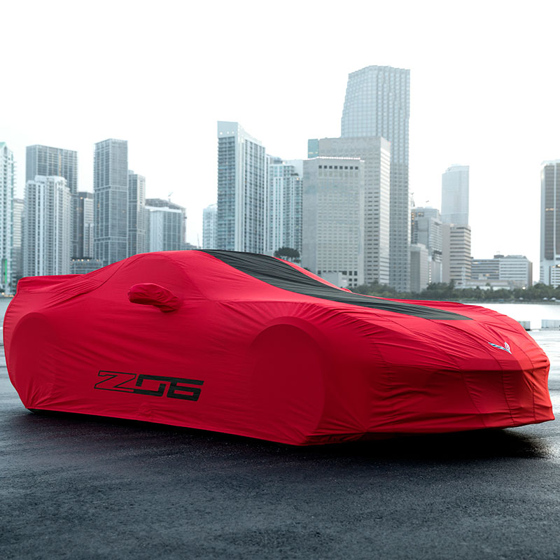 2015 Corvette Stingray Car Cover | Outdoor | Z06 Logos | Red with Black Stripe | Premium Cover