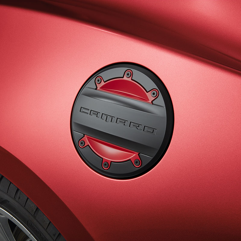 2023 Camaro | Fuel Door | Black | Red Hot Inserts | Camaro Script Logo