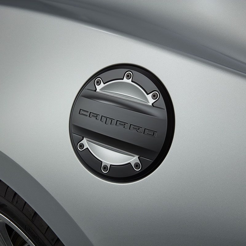 2024 Camaro | Fuel Door | Black | Silver Ice Metallic Inserts | Camaro Script Logo