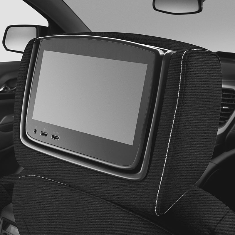 2020 Acadia Rear Seat Infotainment System | Headrest LCD Monitors | Jet Black Cloth | Shale Stitch