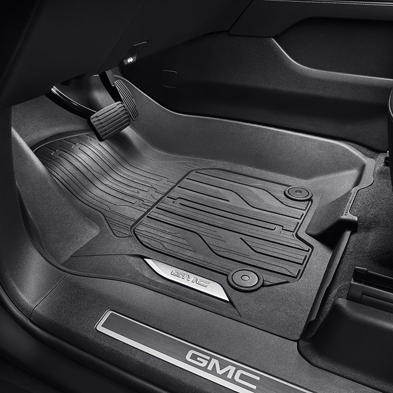 GMC Accessories First-Row Premium All-Weather Floor Liners in Jet Black with Chrome GMC Logo