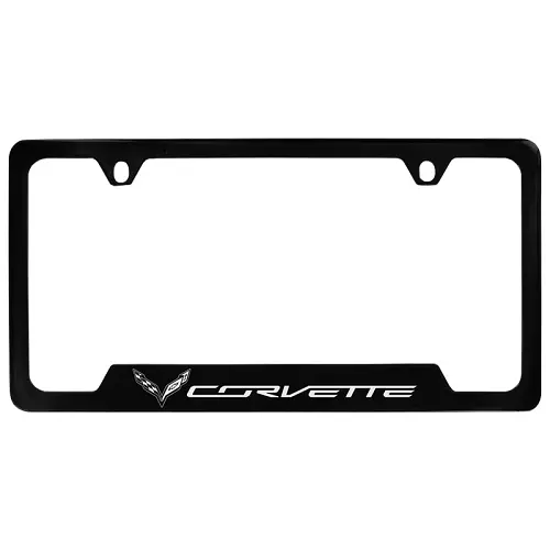 2018 Corvette Stingray License Plate Frame | Black with Chrome Crossed Flags Logo and Corvette Scrip