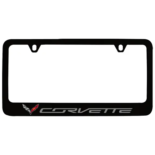 2018 Corvette Stingray License Plate Frame | Black with Crossed Flags Logo and Corvette Script | Low