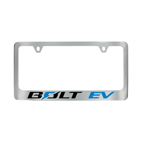 2018 Bolt License Plate Frame | Chrome | Black and Blue Bolt EV Logo
