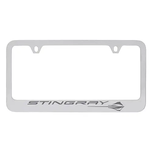 2023 C8 Corvette Stingray License Plate Frame | Satin Chrome | Dark Charcoal Gray Stingray Logo
