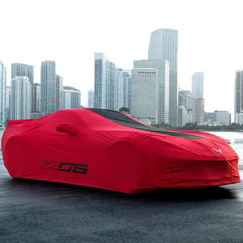 2018 Corvette Stingray Car Cover | Outdoor | Z06 Logos | Red with Black Stripe | Premium Cover