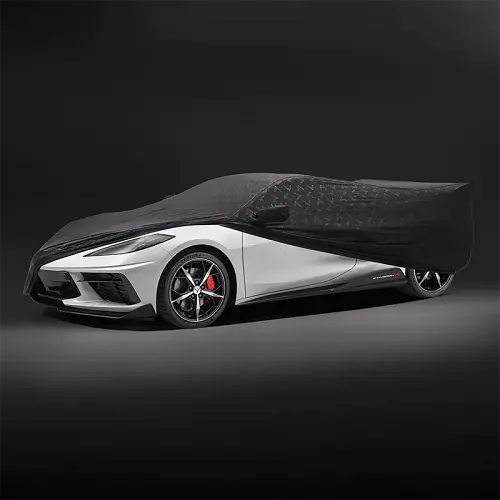 2021 C8 Corvette Stingray | Car Cover | Black | Indoor | Embossed Crossed Flags Logo | Premium