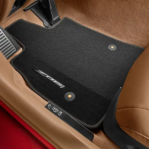 2024 C8 Corvette Z06 | Floor Mats | Premium Carpet | Black | Natural Tan Stitching | Z06 Emblem