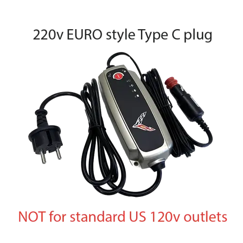 2018 Corvette Stingray | Battery Charger | Protection | 220V | Crossed Flags Logo | Storage Pouch