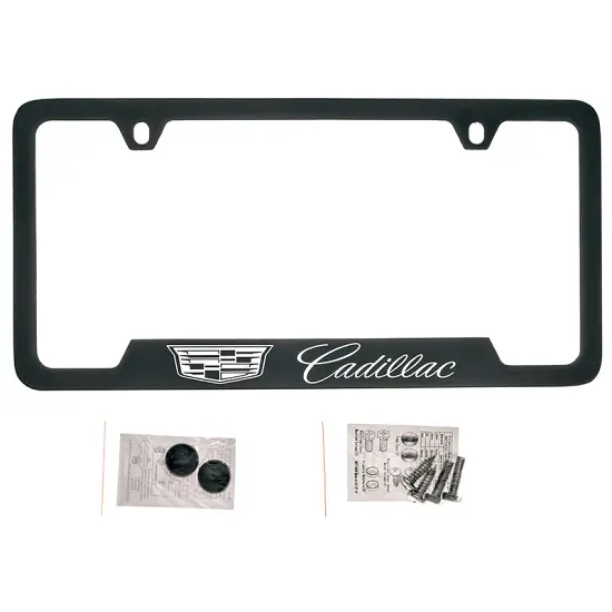 2023 XT6 License Plate Frame | Black with Chrome Cadillac Crest | Cadillac Script Logo