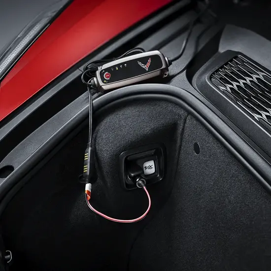 2015 Corvette Stingray | Battery Charger | Protection | 110V | Crossed Flags Logo | Storage Pouch